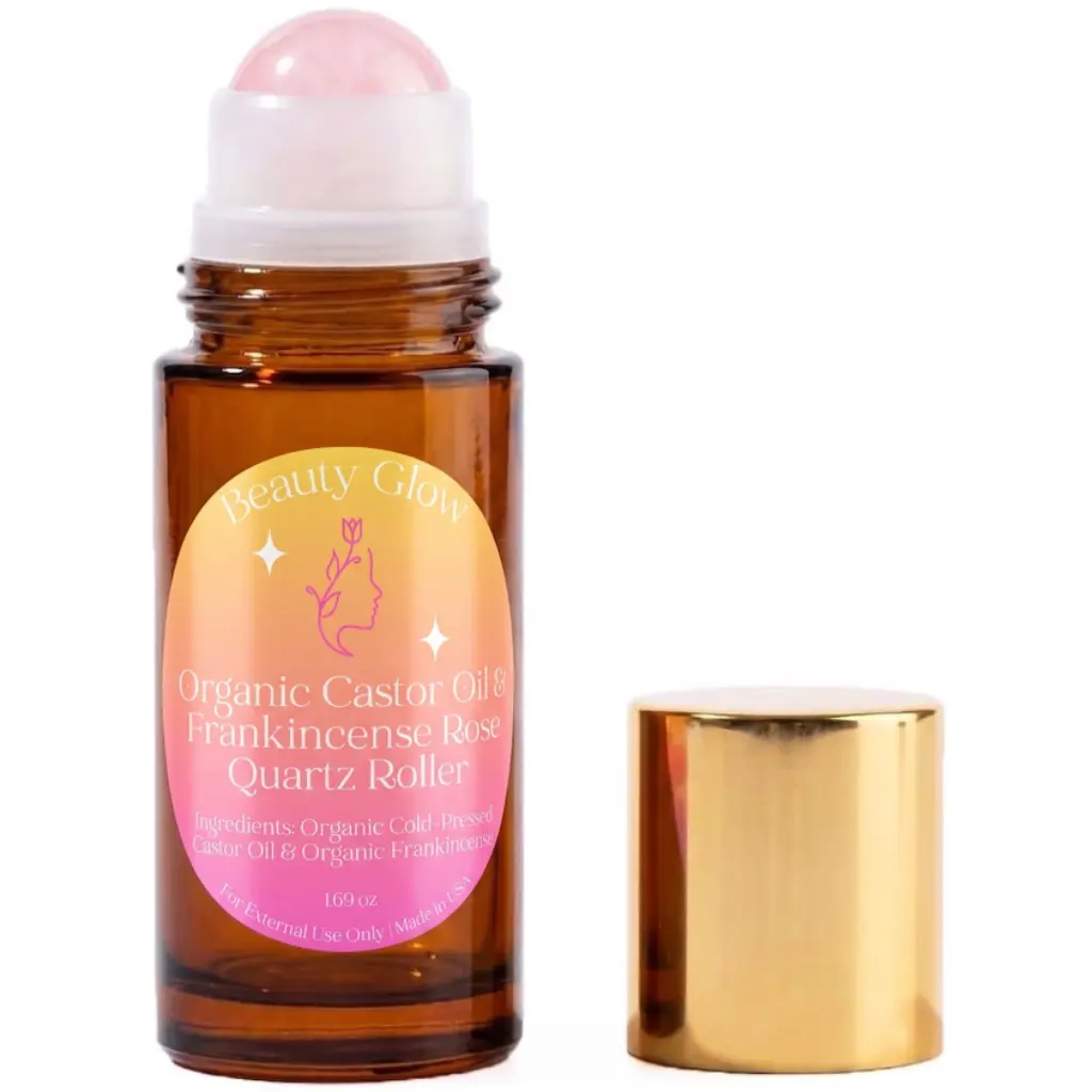 Organic Cold Pressed Castor Oil & Frankincense Rose Quartz Roll On for Face & Body Made in USA Hexane Free Pure for Skin, Brows & Lashes, Massage, Castor Oil Packs 1.69 Oz