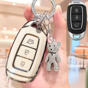 Modern Car Key Case with Rhinestone Bear Keychain, Car Key Holder, Soft Tpu Key Protection Cover, Key Fob Protector, Car Key Accessory for Hyundai Elantra Sonata Tucson, 2013-2019