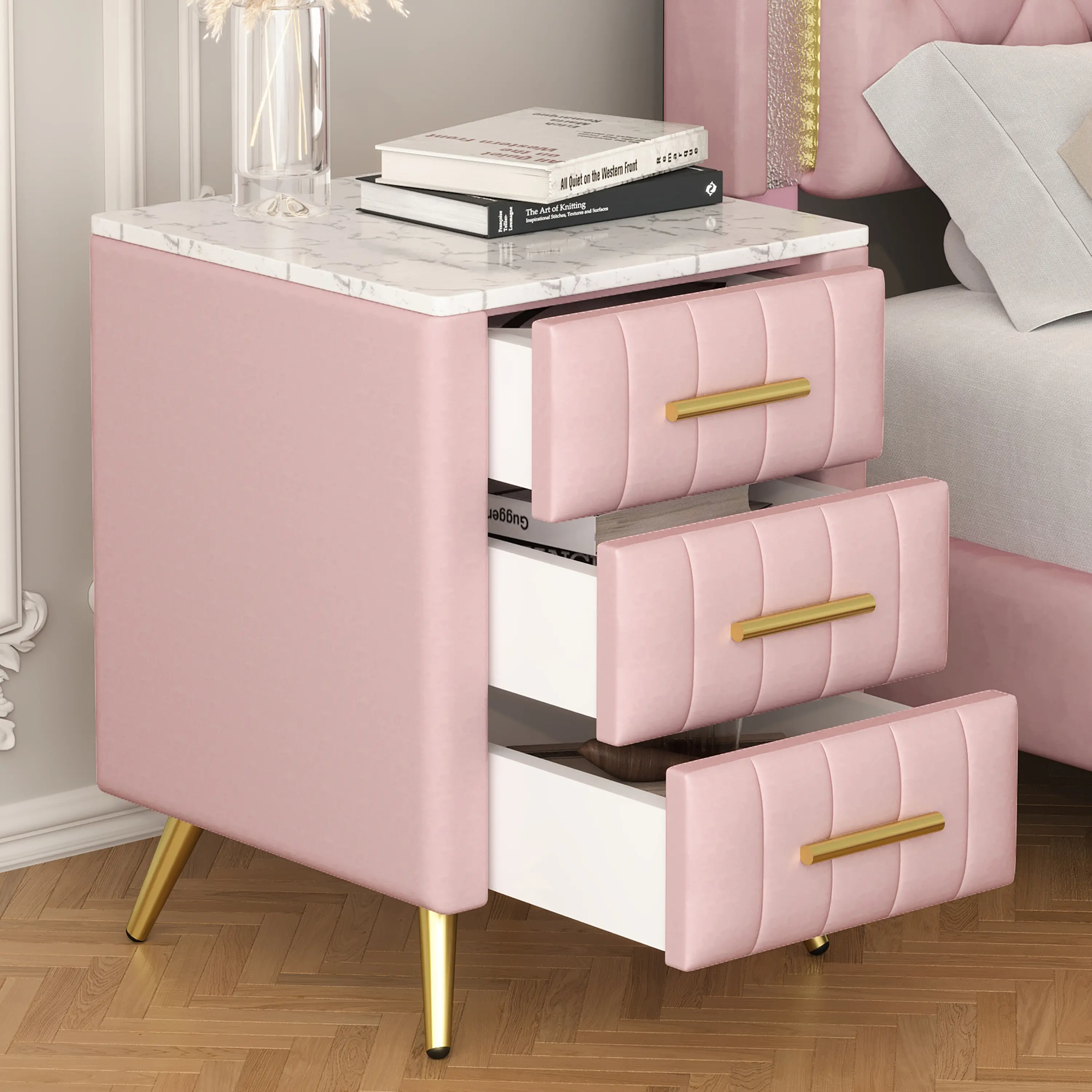 Pink 3-Drawer Upholstered Nightstand with Faux Marble Top, Metal Legs & Handles - Contemporary, Modern, Glossy, Dimensioned Multi-Drawer Bedside Table for Bedroom, Contemporary Bedside Tables, Dimensioned Bedside Tables