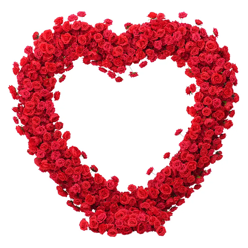 S-A8869 Luxury Silk Red Rose Floral Arrangement, Cloth Base Heart-Shaped Decorative Arch Prop for Couples' Weddings (Flower No Stand), Handcrafted