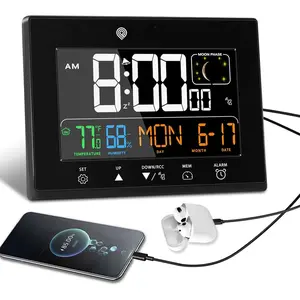 Digital Atomic  Clocks for Bedrooms, Color VA Display Atomic Clock with Indoor Temperature and Humidity, DST, Dimmable Backlight, 2 USB Ports, Calendar, and Moon Phases