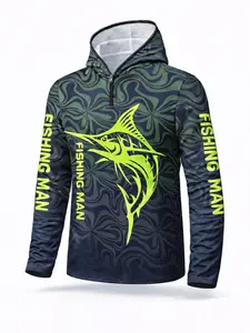Men's Outdoor Fishing Hooded Long Sleeve T-Shirt, Honeycomb Birdseye Print, Swordfish Pattern, Quick-Dry Breathable Ice Fabric, Outdoor Sportswear