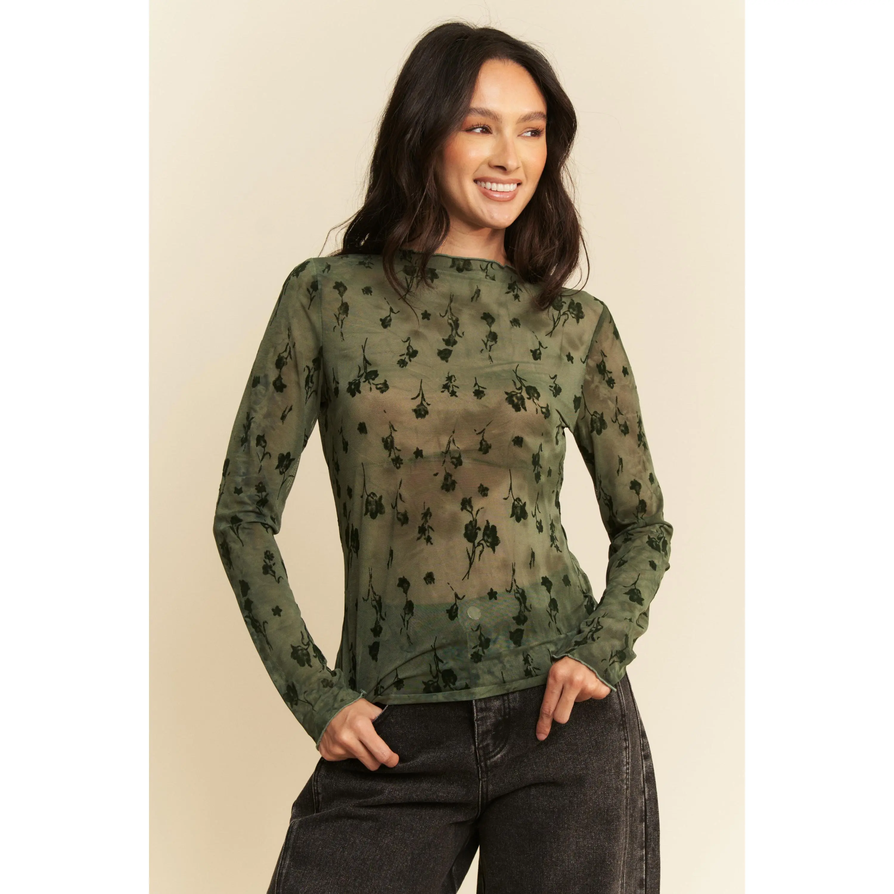Davi & Dani Floral Mesh Long Sleeve Sheer Layering Top