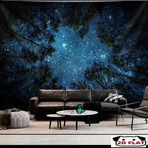 2D Flat, 1 Piece Extra Large Wall Hanging Tapestry - Starry Night Forest Landscape, Starry Forest in Deep Blue and Turquoise, with Hanging Clips, No Installation Needed - Suitable for Living Room, Bedroom, Wedding, Party Wall Decoration - Peel and Stick D