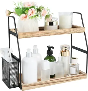 2-Tier Farmhouse Coffee Bar Organizer, Wood & Metal Countertop Shelf for Kitchen & Bathroom, Rustic Display Tray for Mugs Wooden Decor Double Tiers
