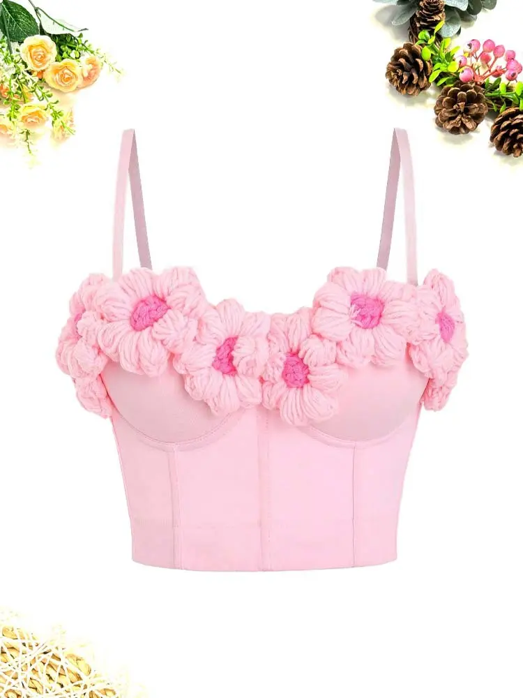 Pink Sweetheart Knit Corset Top  Crochet Floral Decor Bustier with Padded Cups & Boning tube urban go gold Neck Pleated Crop Top Ruched Spaghetti Strap Crop Cami