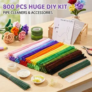 800PCS Pipe Cleaners DIY Flower Bouquet Kit with Floral Tape, Glue, Wrapping Paper and Chenille Stems for Craft Beginners