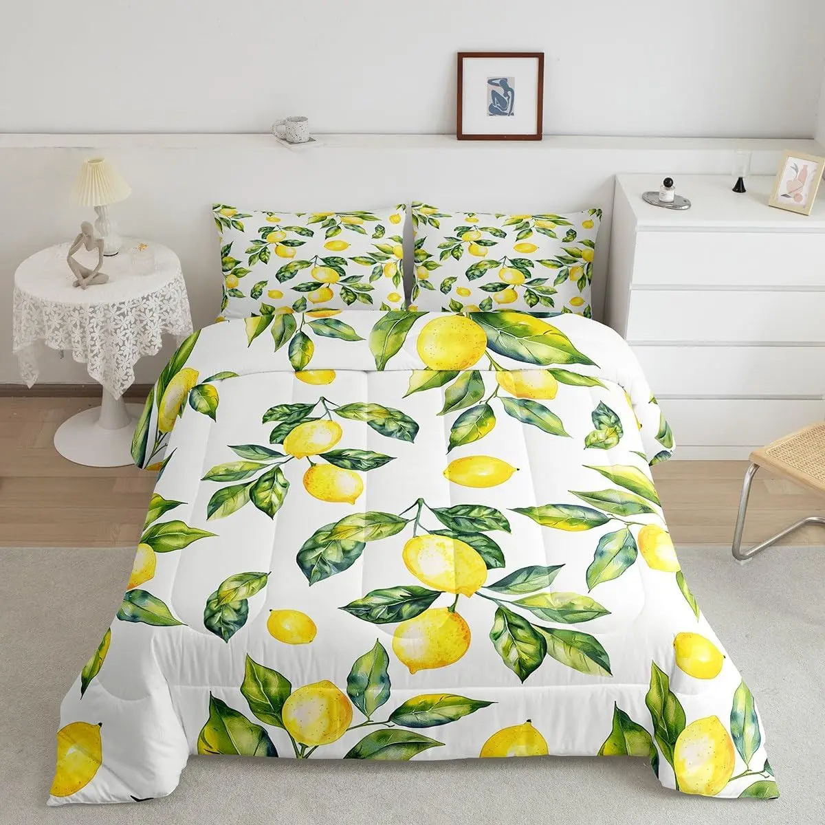 Feelyou Microfiber Duvet Set - Fruit Print Lemon Pattern Bedding, Breathable Cozy Machine-Washable Comforter, Yellow-Green Soft Bedding for Teens, Fruit Print Duvets, Lemon Pattern Duvets