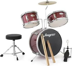 【Christmas Gift】3 Piece Kids Drum Set With Cymbal-2 Drumsticks-Pedal-2 Toms-Throne Stool-Musical Instruments For Boys And Girls-Red Durable Wooden