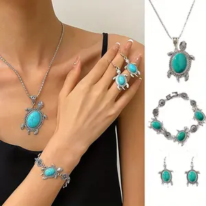 4Pcs Vintage Women Jewelry Set, Charm Inlaid Turquoise Turtle Pendant Earrings Bohemian Silvery Turtle Earrings Retro Ethnic Handmade Bracelet Vacation Travel Beach Jewelry Wear Accessories