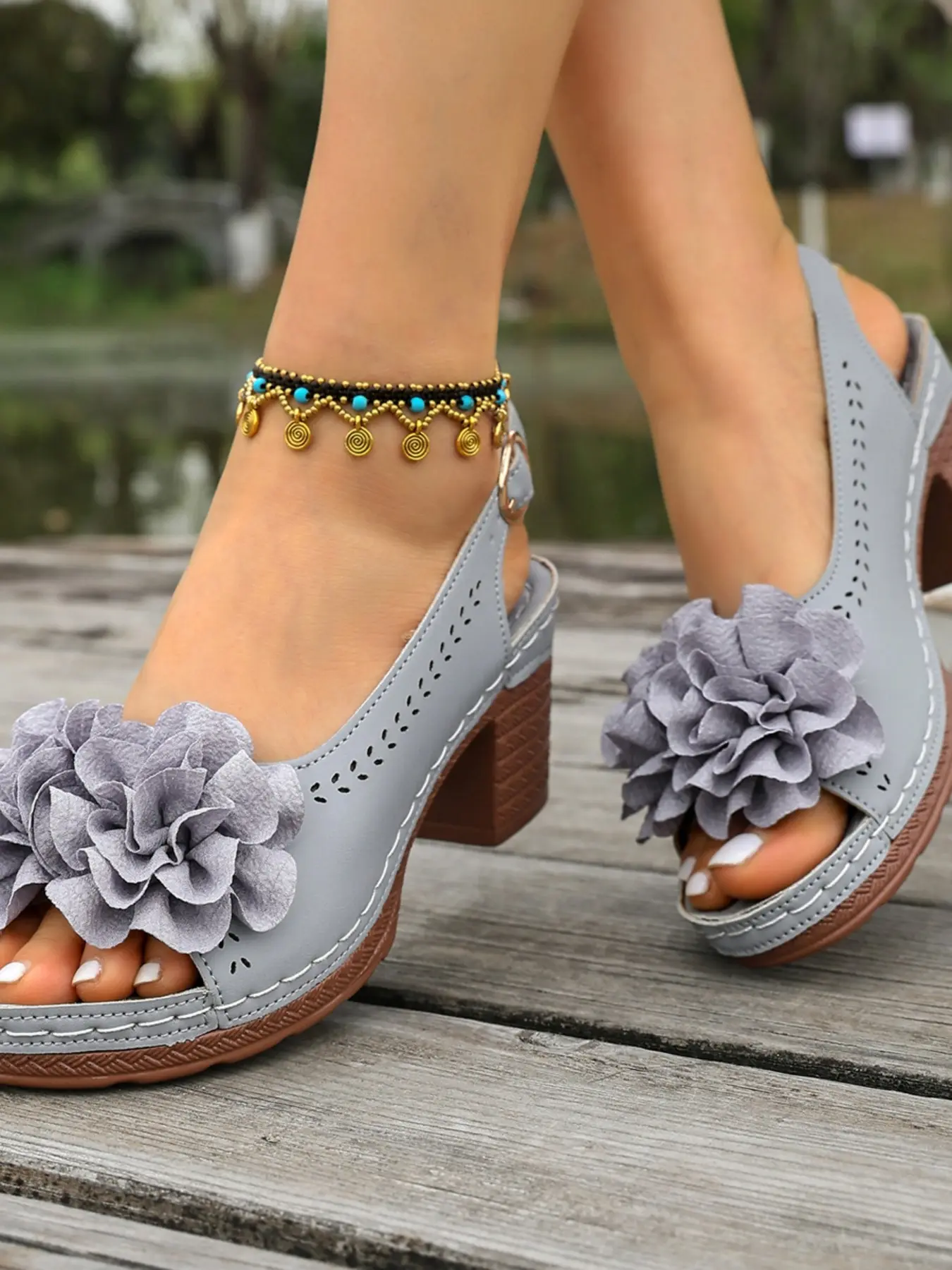 Floral Decorative Sandals, Chunky Heel Hollow Out High Heels, Comfortable Summer Mom Shoes, Stylish and Trendy Footwear for Women, Fashionable Floral Sandals