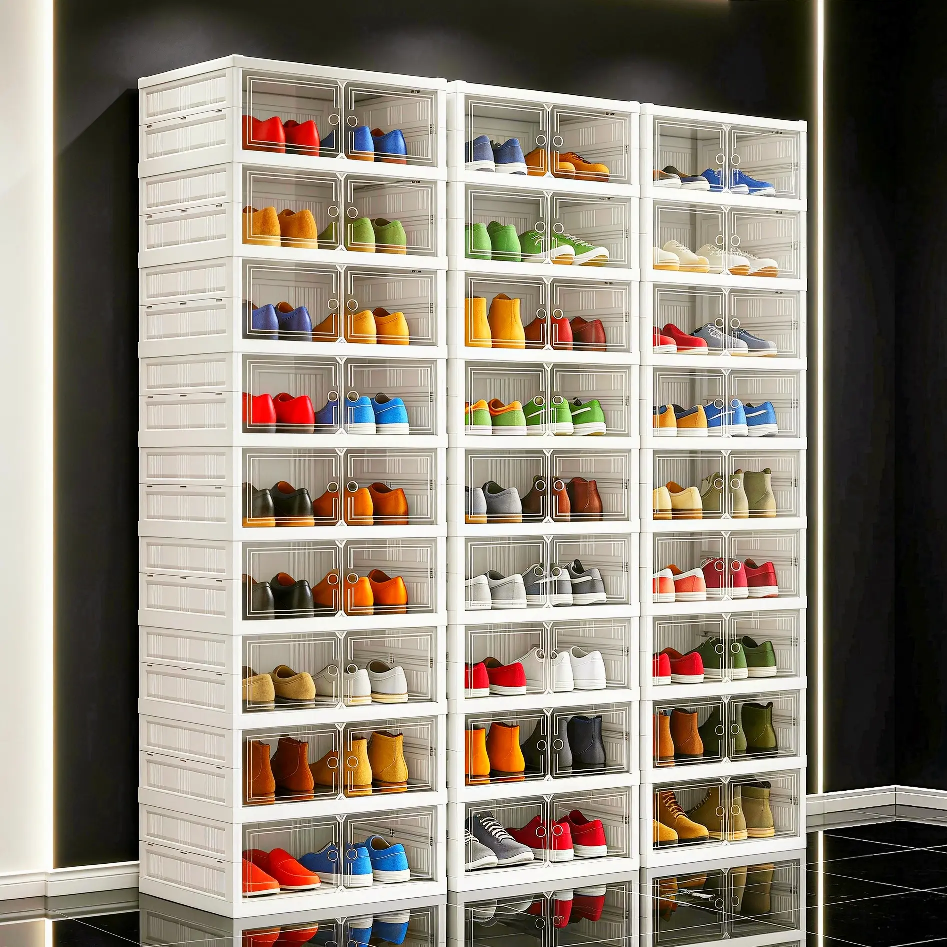GOLDSNAKE No-Assembly Foldable Shoe Cabinet, Multi-tier Stackable Plastic Shoe Organizer. ModularSpace-saving Shoe Rack With Visible Doors. Freestanding Large-capacity Entryway ShoeStorage For Sneakers, Slippers, High Heels And Assorted Footwear