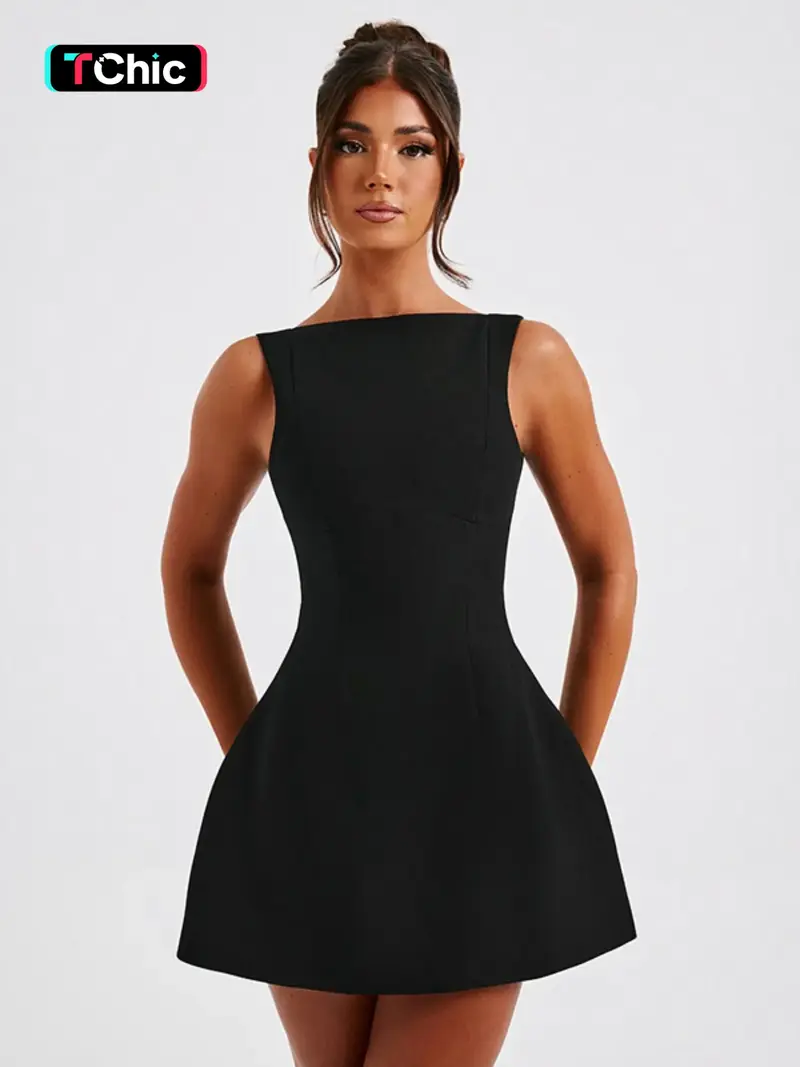knee length dresses for ladies Black Sleeveless Short Dress With Pockets