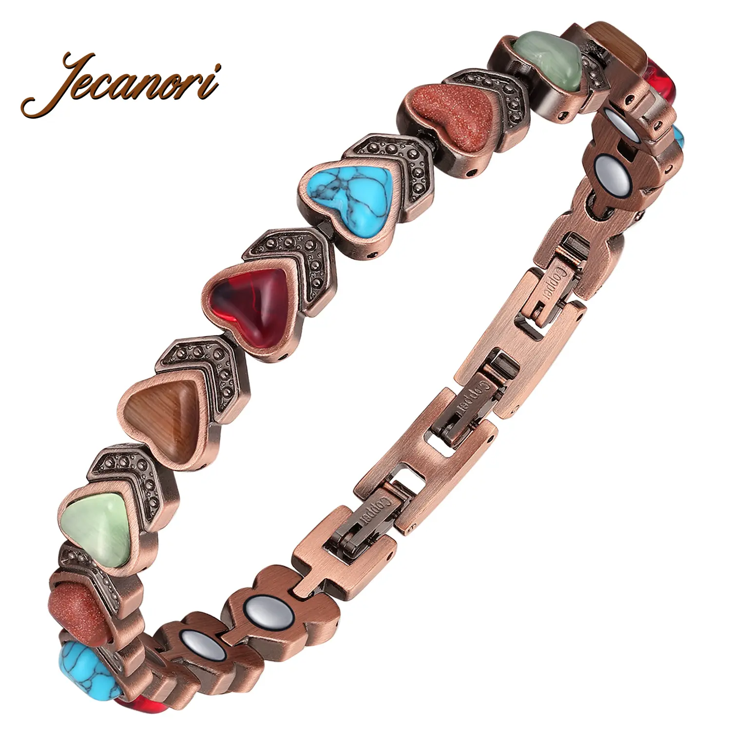 Jecanori Women's Pure Copper Magnetic Stackable Bracelet - Natural Unique Gemstone Heart-Shaped Jewelry Bracelet, Trendy Bangle Gift for Women, Fashion Accessory, Stackable Bracelets