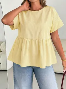 Plus Size Solid Striped Ruffle Top, Loose Fit Women's Short Sleeve Shirt Blouse, Perfect for Daily Wear, Fashionable, Aesthetic and Versatile, Ruffled Everyday
