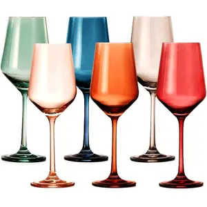 Colored Crystal Wine Glasses - Water & Wine 12oz | Set of 6 | Cute Pastel Muted Crystal Cocktail Glassware, Unique Gift Wife, Her, Mom, Friend Goblet Cocktails, Red & White Tall Stemmed Drinkware