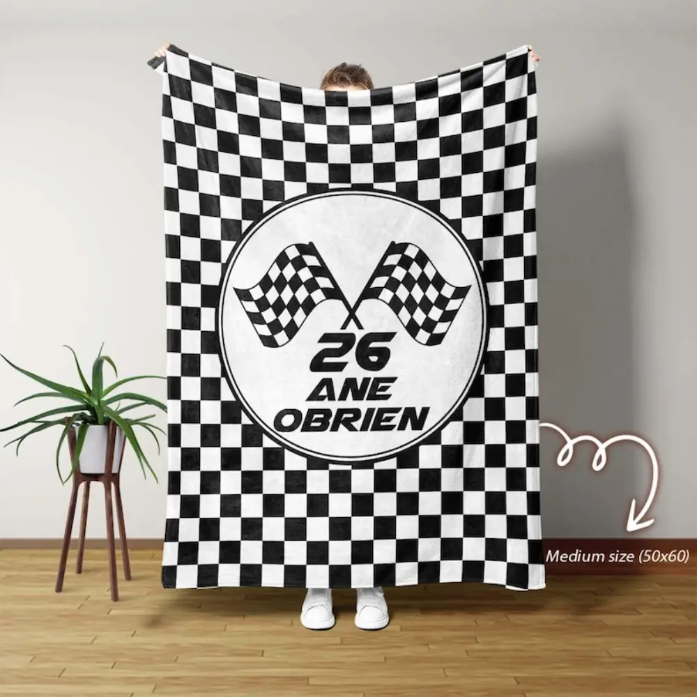 Racing Blanket with Checkered Flag, Car Lover Gift, Racing Car Blanket Checkered Flag Throw