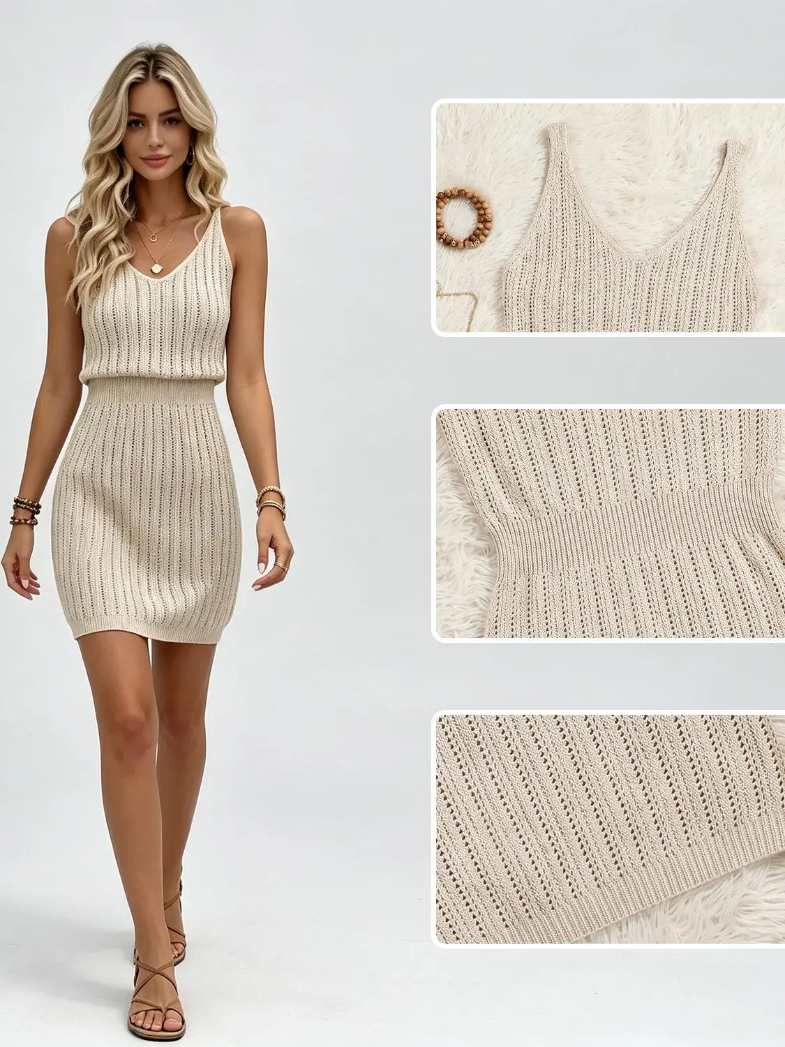 ELEGANTSUT Women's H-Type Knit Sweater Dress - Lady Casual V-Neck Sleeveless Hollow-Out Striped Fall Apparel with Zipper