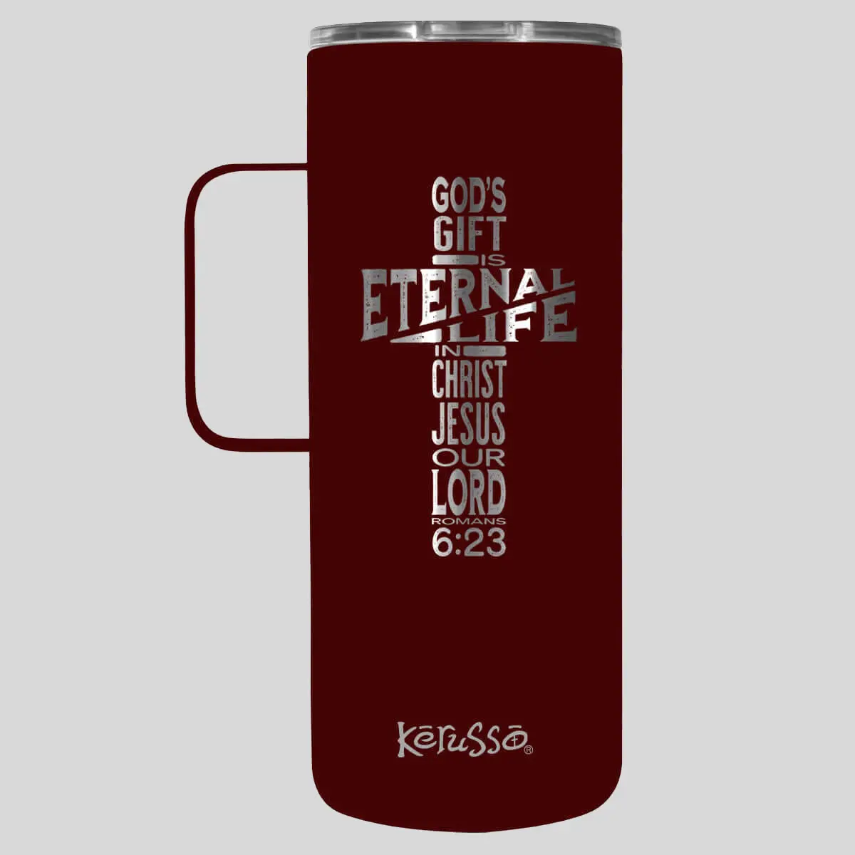 Kerusso Classic 22 oz Double-Wall Stainless Steel Vacuum Flask Mug, With Handle, Lid, Eternal Life Cross Print Design