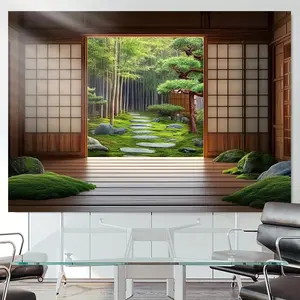 1PC,2D Flat Japanese Style Garden Scene Door Curtain, Zen Bamboo Forest Stone Path Decorative Tapestry, Festival Indoor Door Decoration Hanging Cloth, Wooden Sliding Door Background Hanging Curtain,