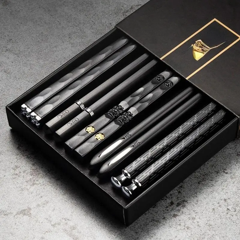RYNOX 5-Pair Premium Reusable Chopsticks, 9.5in Fiberglass, Dishwasher Safe, Non-Slip Black + Silver Kitchenware Utensils Gift Set, Dinnerware