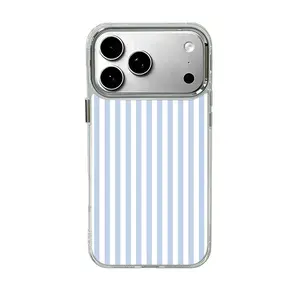 Blue and white striped phone case, suitable for iPhone 17 ProMax, 16 Pro, 15, 14, 13, 12, smartphone case, advanced electroplated silver frame, military-grade protection