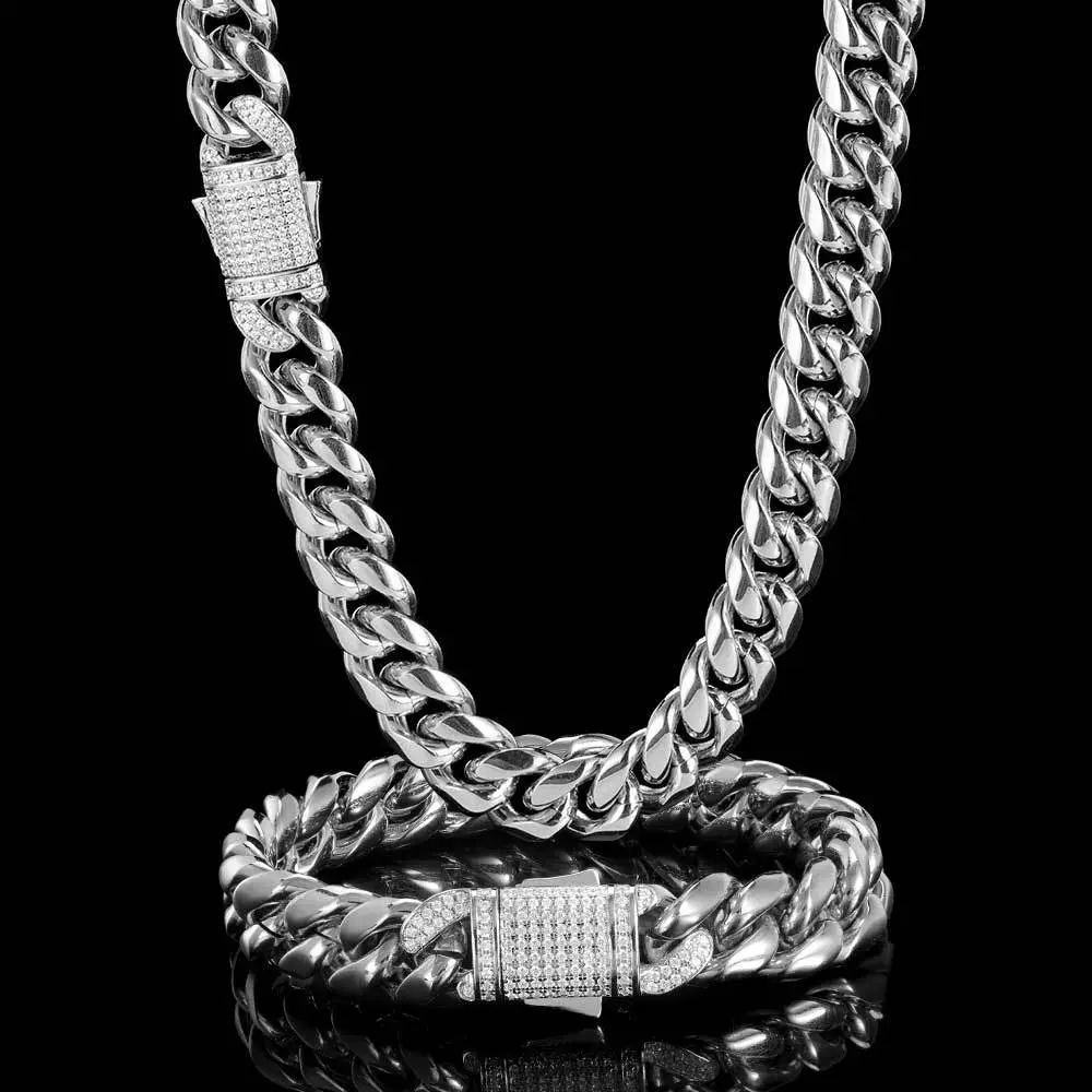 10-12MM 316L Stainless Steel High-Polished Cuban Link Necklace, Unisex Cuban Chain Set Jewelry Accessory