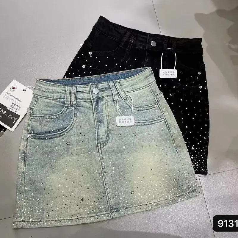 Starry Denim Skirt for Women Summer New Retro Slimming a-Line Sheath Denim Skirt