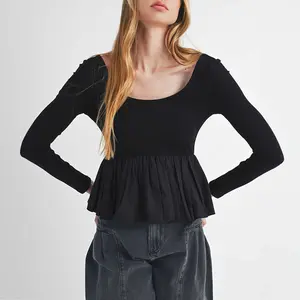 Black Ribbed Knit Long Sleeve Scoop Neck Peplum Patchwork Top