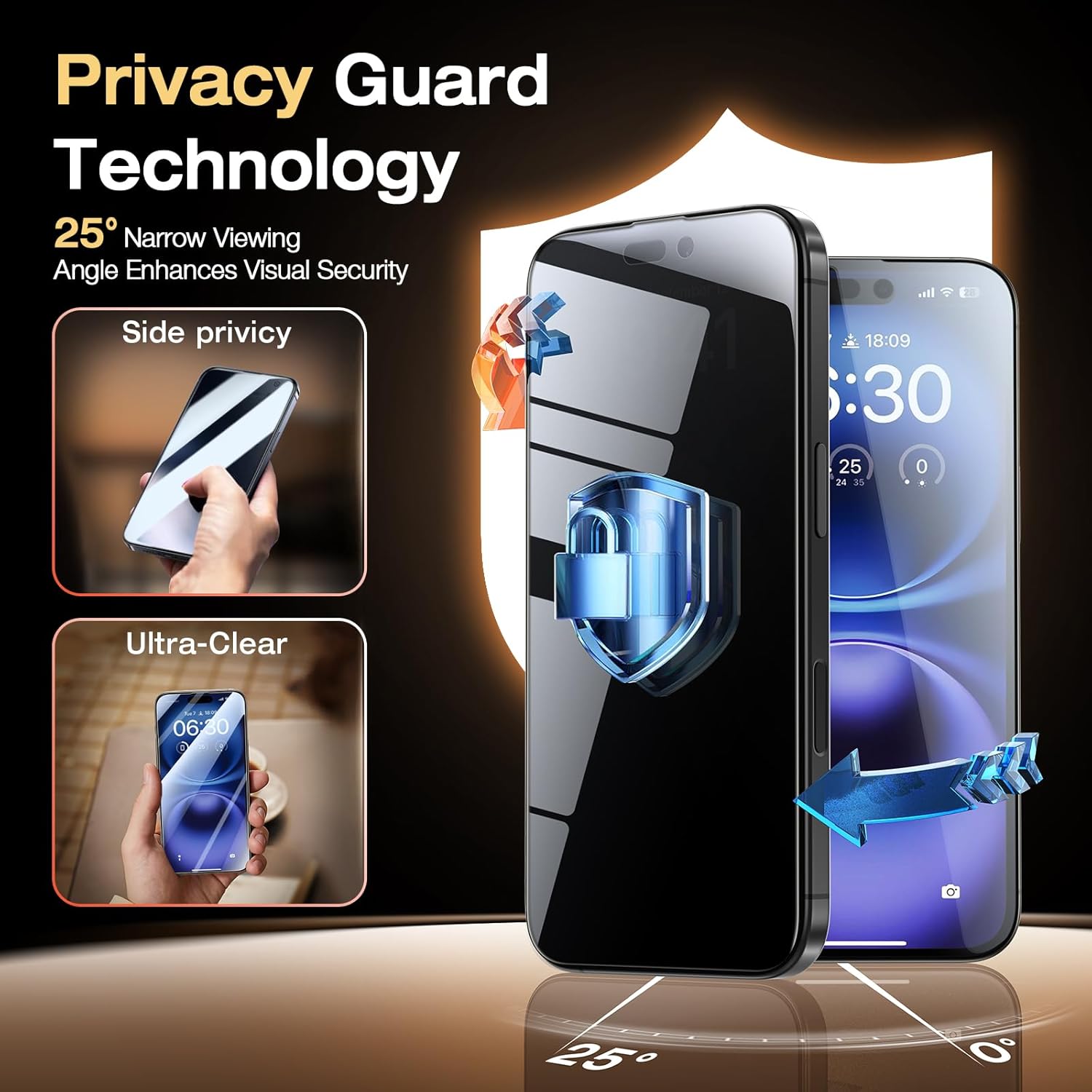 5-pack privacy tempered glass screen protector, compatible with iPhone 16E, 13, 14, 15, 16, 17 AIR, 17 Pro Max. 9H hardness, full-screen coverage, impact-resistant, scratch-resistant and durable protection, bubble-free.