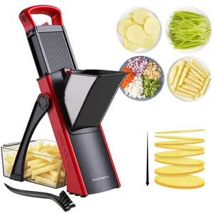 SupMaKin Press-Type Multifunctional Stainless-Steel & Transparent Plastic Vegetable Slicer, No Blade Replacement Needed, Knob-Turn Mode Unlocking, Foldable Strong Suction Cup Base, Kitchen Utensils Gadget for Fruits & Veggies, Chopping, Detachable