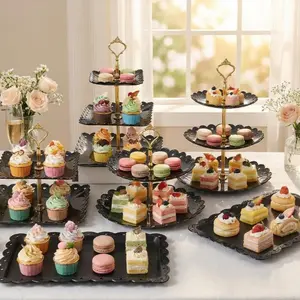 6-Piece Three-Tier Cupcake Stand, Multi-Tier Dessert Stand, Black Cake Stand for Tea Ceremony, Wedding, Reception, Buffet Service
