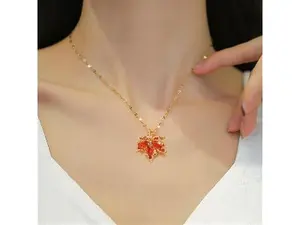 Red Maple Leaf Crystal Birthstone Cubic Zirconia Minimalist Necklace for Women,Maple