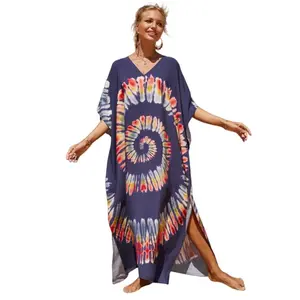 Plus Size Mumu Dresses for Women - Boho Batwing Sleeve Caftan with Side Slits, Long Moo Moo Nightgown & Beach Cover Up - dark blue