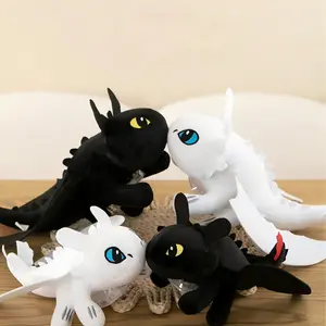 27cm How to Train Your Dragon Toothless Night Fury Plush Doll | Movable Wings Chibi Ornament | White/Black | Car Roof & Motorcycle Helmet Exterior Decor