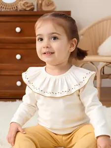 Toddler Girls' Floral Embroidered Ruffle Neck T-Shirt, Cute Spring & Fall for Babies, Versatile Everyday Wear