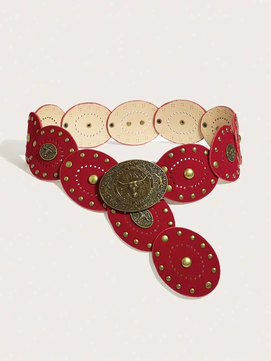 Women's Wide Waist Belt - Red PU Leather Western Boho Cowboy Aesthetic Style with Glitter Heart Buckle, Rivet, Star Studs - Female Waist Accessories, Funky Unique Accessories, Gifts for Women