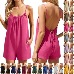 Women's Summer Backless Sleeveless Romper Summer Jumpsuit Adjustable Strap Casual Loose Fit Stretchy Shorts with Pockets Women's Jumpsuit for Beach Holiday, Jumpsuit for Women