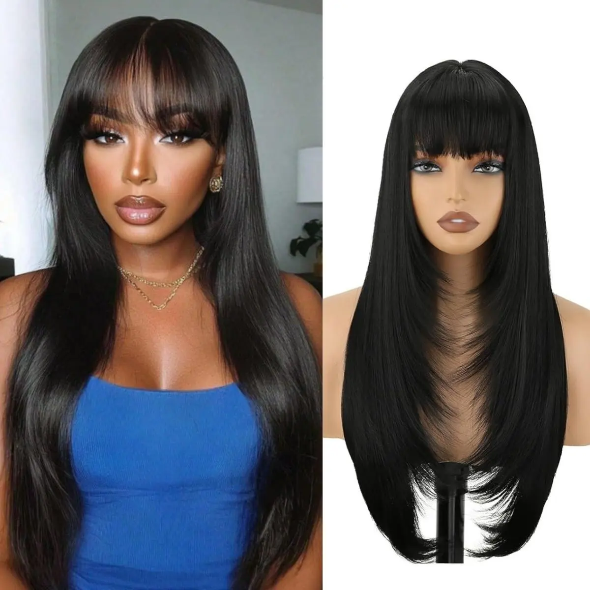 Women's 26in High Quality Glueless Wear Long Straight Wig with Bangs, Bounce Layers, Secure Elastic Fit, Heat-Resistant Synthetic Hair for Daily & Party Use, High Quality Wigs, Glueless Wear Wig