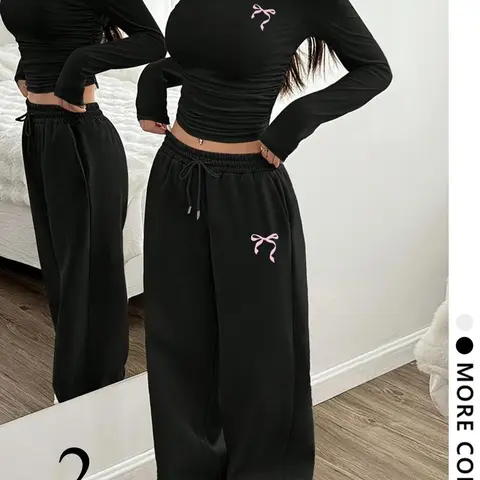 Women's 2-Piece Set, soft high-stretch fabric with pink bow print. Slim ruched crop top & drawstring wide-leg sweatpants. Multi colors. Sweet cool style for daily, campus & loungewear.