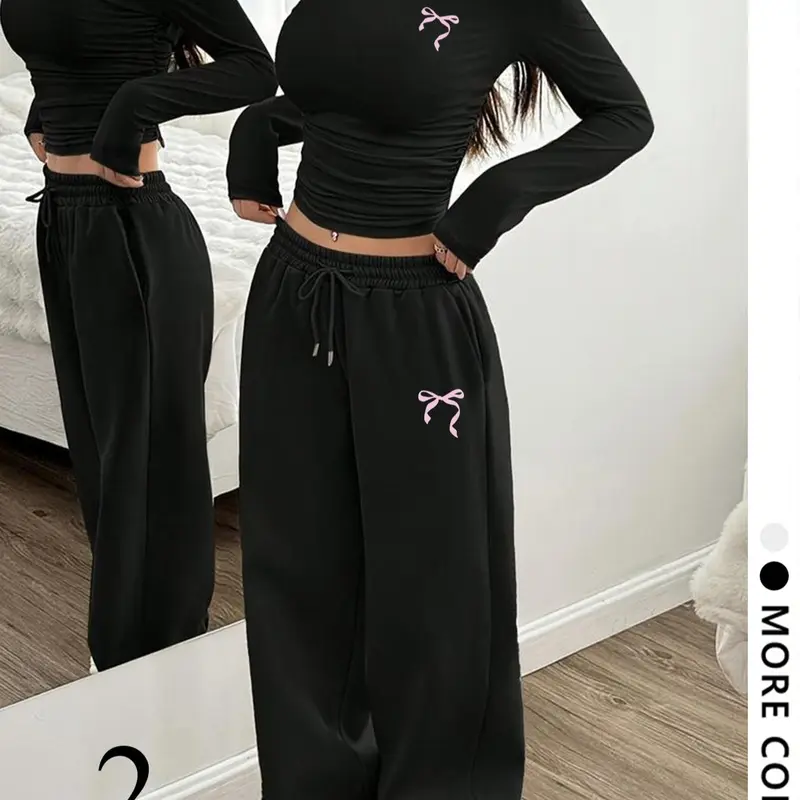 Women's 2-Piece Set, soft high-stretch fabric with pink bow print. Slim ruched crop top & drawstring wide-leg sweatpants. Multi colors. Sweet cool style for daily, campus & loungewear.
