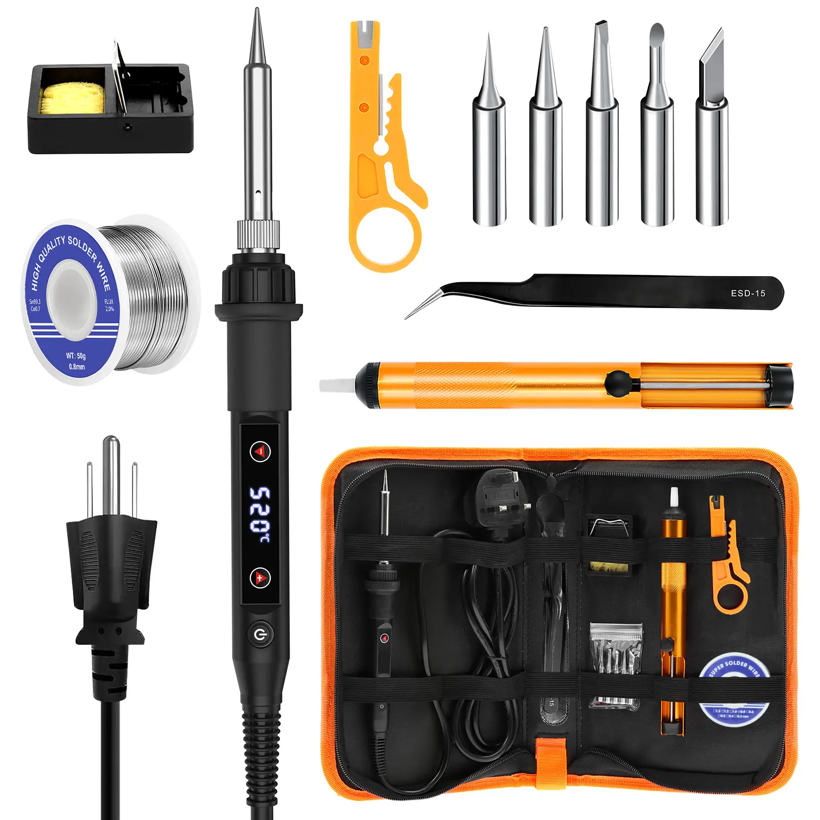 80W Power LED Adjustable Temperature Electric Soldering Iron Full Set - 15s Quick Heat Welding Tool (356-968℉) with Solder Wire, 5 Tips, Desoldering Pump, Stand, Tweezers for Precision Electronics Repair Work, Diy Soldering Kit, Soldering Station