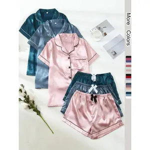 Six-Piece Set Women's Christmas Theme Contrast Binding Short Sleeve Satin Casual Loungewear Set for Christmas Gifts, Summer Outfits 2024, Button Front Shirt Pockets & Bow Decor PJ Shorts, Matching Pj Set, Pajama