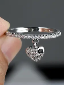 Fashion Creative Heart Pendant Ring, Rhinestone Decorated Ring for Women, Daily Clothing Decor, Trendy All-match & Exquisite Jewelry for Birthday Gift, Fashion Heart Rings