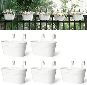 Metal Iron Hanging Flower Pots for Railing Fence Hanging Bucket Pots Countryside Style Window Flower Plant Holder with Detachable Hooks Home Decor,5 Pcs fencepostplantpot
