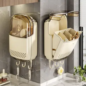 Wall-Mounted Utensil Holder with Cover, Kitchen Chopstick & Fork Organizer, No-Drill with Hooks