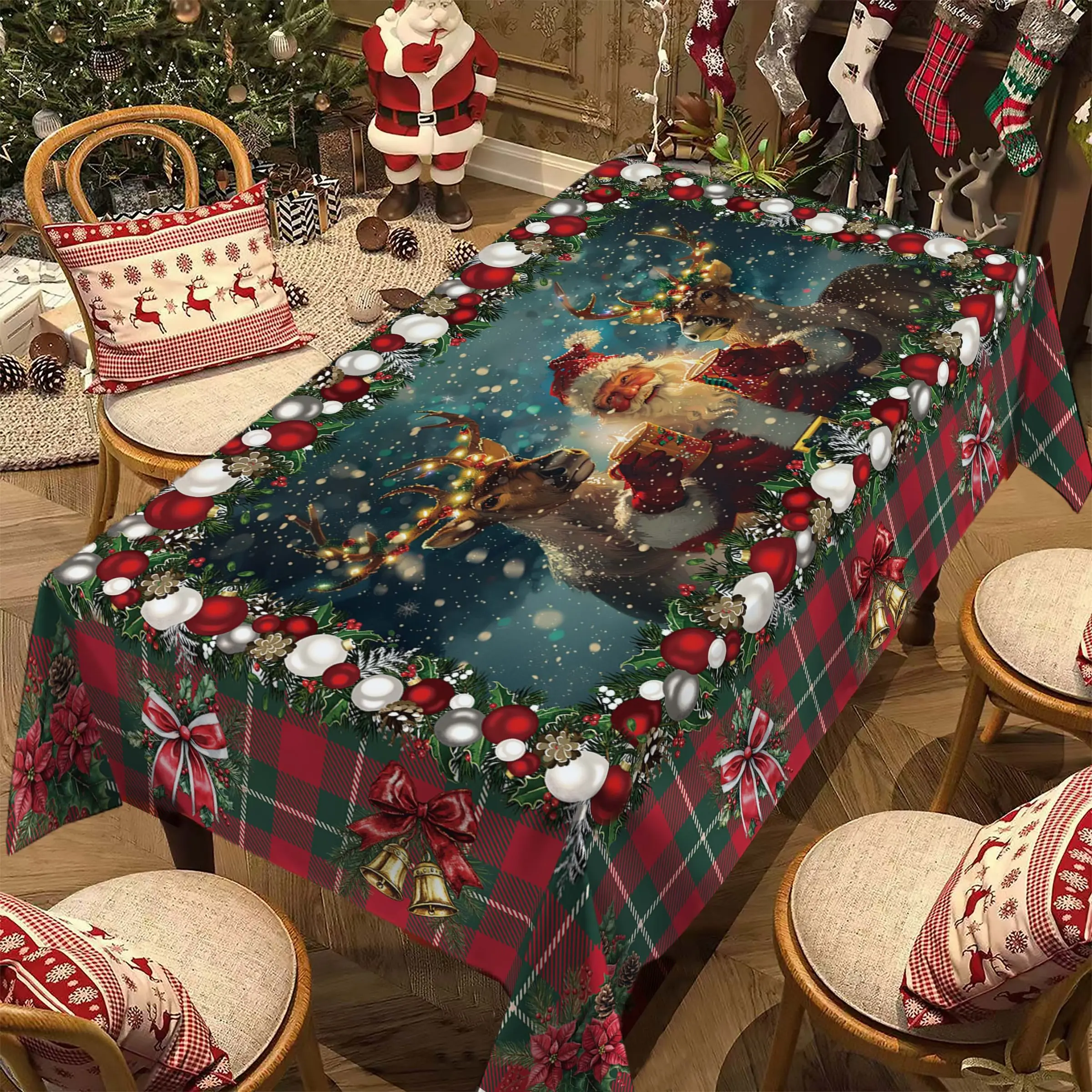 Christmas Theme Tablecloth, Santa Claus & Reindeer Design, Polyester Fabric, Multiple Sizes, Perfect for Holiday Parties & Gifts, Rectangle Table Cover