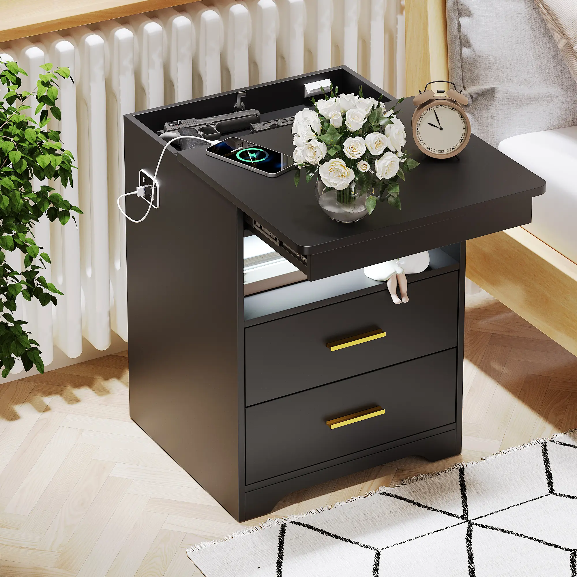 Dystler Smart Bedroom Nightstand - Motion-Sensor LED Light with 3 Color Modes, USB & Type-C Charging Ports, Hidden Drawer, Open Storage Compartment, Assembly-Required Multifunctional Indoor Side Table