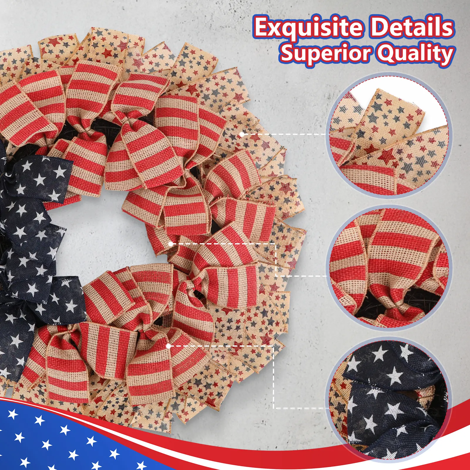 24-In Rustic Burlap Wreath with American Flag Stars & Stripes, USA 250th Anniversary Decor for Front Door Outdoor, Memorial Day Festive Decoration