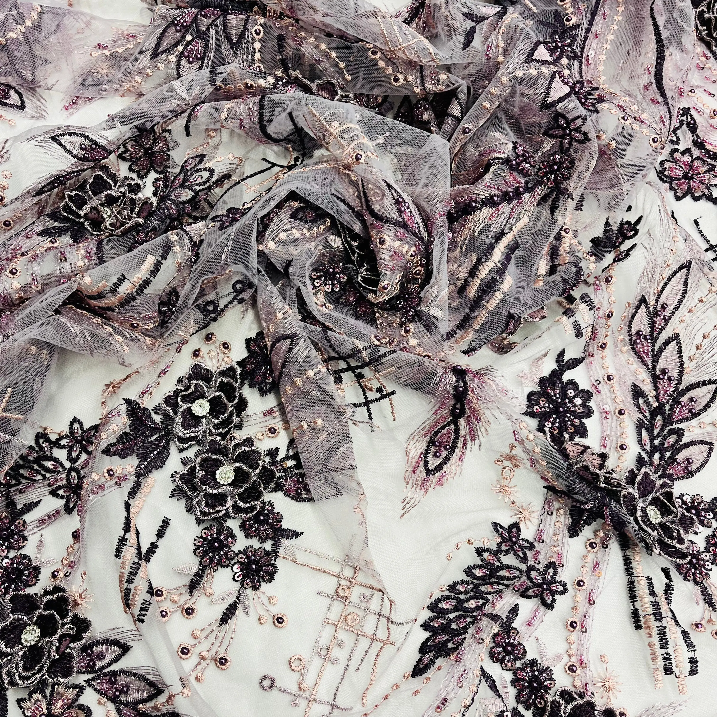 Dainty Lace Floral 3D Embroidered Beaded & Rhinestone Fabric, Elegant Formal 100% Polyester Net Mesh for Dressmaking | Lace USA - GD-2266, Elegant Formal Lace